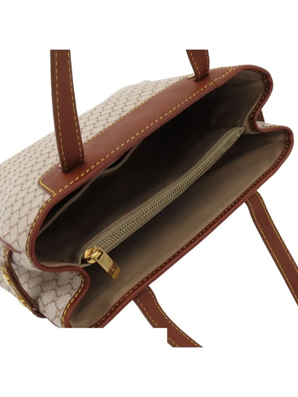 Celine Tote Beige Canvas Leather Macadam Pattern Handbag